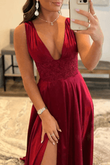 Burgundy V Neck Lace Long Prom Evening Dress with High Slit