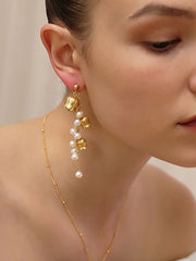 Asymmetric Tassel Flowers Pearl Long Earrings