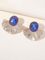 Royal Blue Rhinestones Leaf Floral Oval Earrings