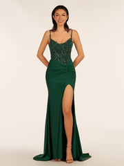 Green V Neck Beading Satin Long Slit Prom Dresses
