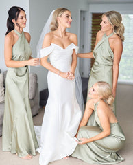 Charming Sheath Hatler Satin Sage Long Bridesmaid Dresses