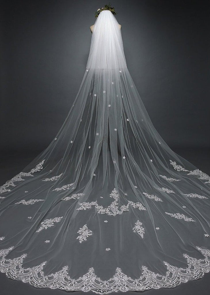 White Cathedral Veil with Blusher Lace Applique Long Wedding Veil