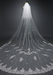 White Cathedral Veil with Blusher Lace Applique Long Wedding Veil