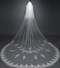 White Cathedral Veil with Blusher Lace Applique Long Wedding Veil
