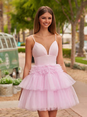 A-Line Deep V Neck Tiered Short Homecoming Dress