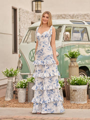 Blue Sweetheart A Line Long Floral Prom Dress