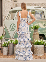 Blue Sweetheart A Line Long Floral Prom Dress