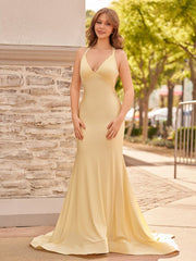 Yellow Mermaid V-Neck Satin Prom Dresses With Tail Evening Dress