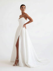 A-Line White Sleeveless Satin Wedding Dress With Side Slit