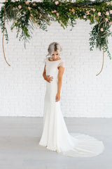 Bateau Neck Lace Cap Sleeve Sheath Satin Chiffon Dress With Cowl Back