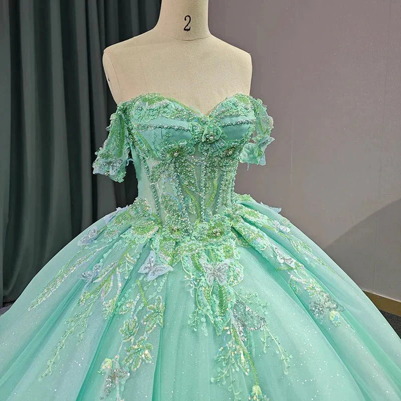 Exquisite Princess Ball Gown Cap sleeve Quinceanera Dresses with 3D Appliques