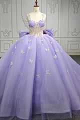 Spaghetti Straps Quinceanera Dresses Ball Gown with Butterfly Appliques and Bowknot