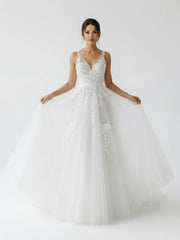 A-Line V Back Long White Wedding Dress with Lace Appliqued