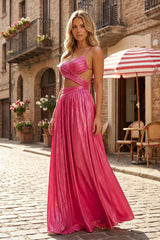 Hot Pink A Line V Neck Metallic Satin Long Prom Dresses With Cut out