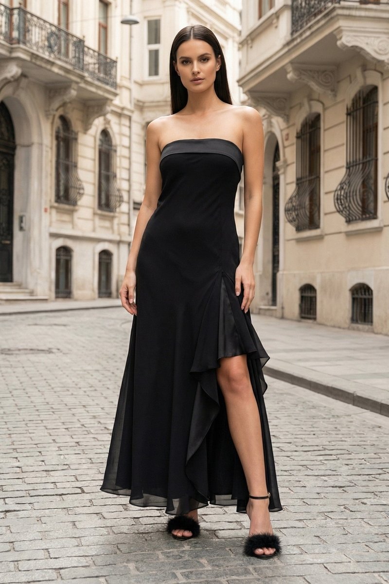 Black - Strapless Sheath Chiffon Ankle Length Prom Dress With Slit