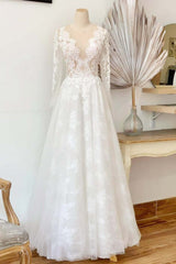 A-Line Illusion Crew Neck White Lace Wedding Dress
