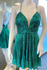 A-Line Tie Back Emerald Green Sequins Short Homecoming Dress