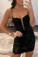 Black Sheath Spaghetti Straps Sequined Lace Homecoming Dress