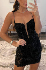 Black Sheath Spaghetti Straps Sequined Lace Mini Party Dresses