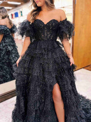 A line Off-the-Shoulder Glitter Tulle Prom Dress with Slit