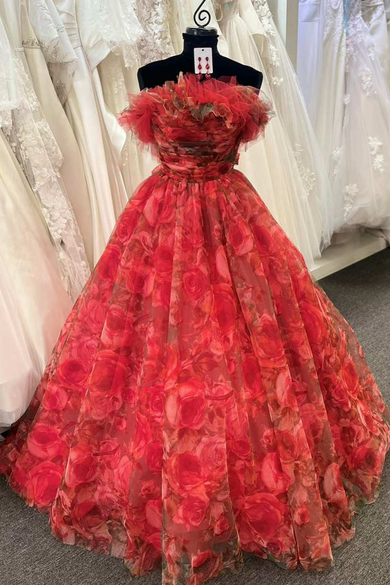 Strapless Red Floral Print Organza A-Line Quinceanera Dress