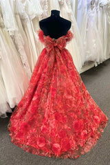 Strapless Red Floral Print Organza A-Line Quinceanera Dress