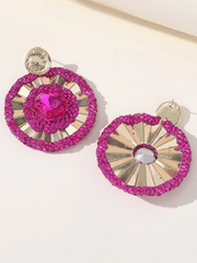 Fuchsia Flower Rhinestones Round Earrings