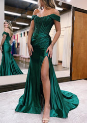 Mermaid Off the Shoulder Satin Prom Dress with Slit
