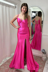 Hot Pink Satin Simple Mermaid Prom Dress