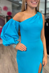 Asymmetrical Cobalt Blue Mermaid Long Formal Dress with Slit