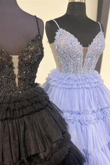 Black Beaded Spaghetti Strap Ruffle Tiered Ball Gown