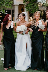 Black V-Neck Mermaid Spaghetti Straps Satin Long Bridesmaid Dress with Bow
