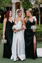 Black V-Neck Mermaid Spaghetti Straps Satin Long Bridesmaid Dress with Bow