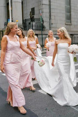 Pink Straps Sheath Square Neck Satin Sleeveless Long Bridesmaid Dress