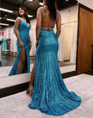 Mermaid V Neck Sequins Prom Dress with Slit