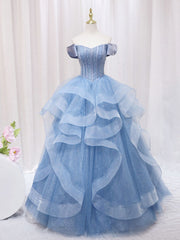 A-Line Blue Tulle Long Sweet Quinceanera Dress