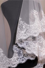 Vintage One-Tier Tulle Lace Edge Chapel Veils Appliques Wedding Veil