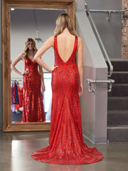 Red Mermaid Deep V Neck Sequins Prom Dress