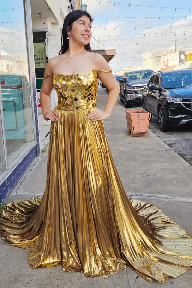 Metallic Off-the-Shoulder Pleated Prom Dress with Broken Mirrors