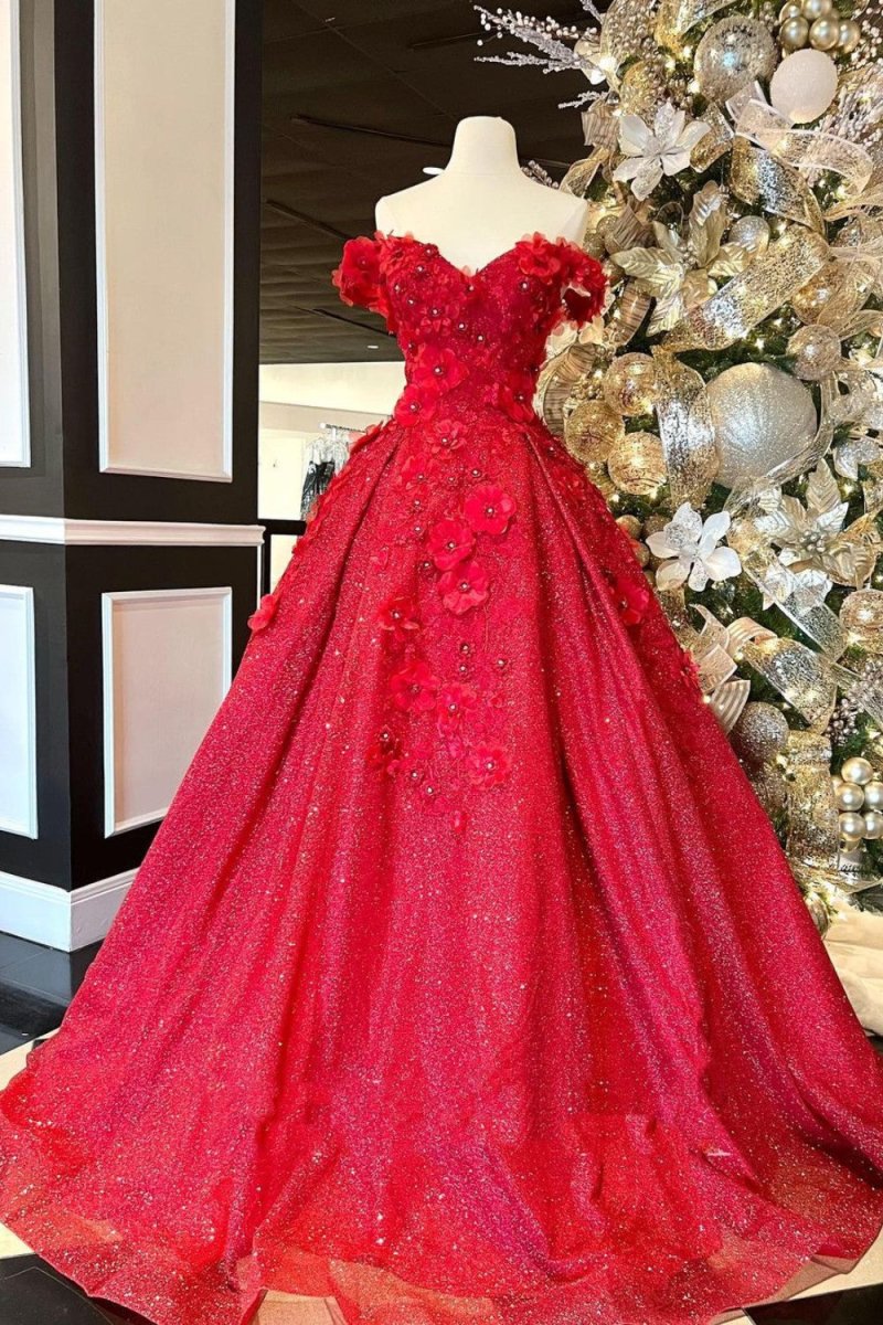 Ball Gown V Neck Beads Appliques Red Off-the-Shoulder Long Quinceanera Dresses