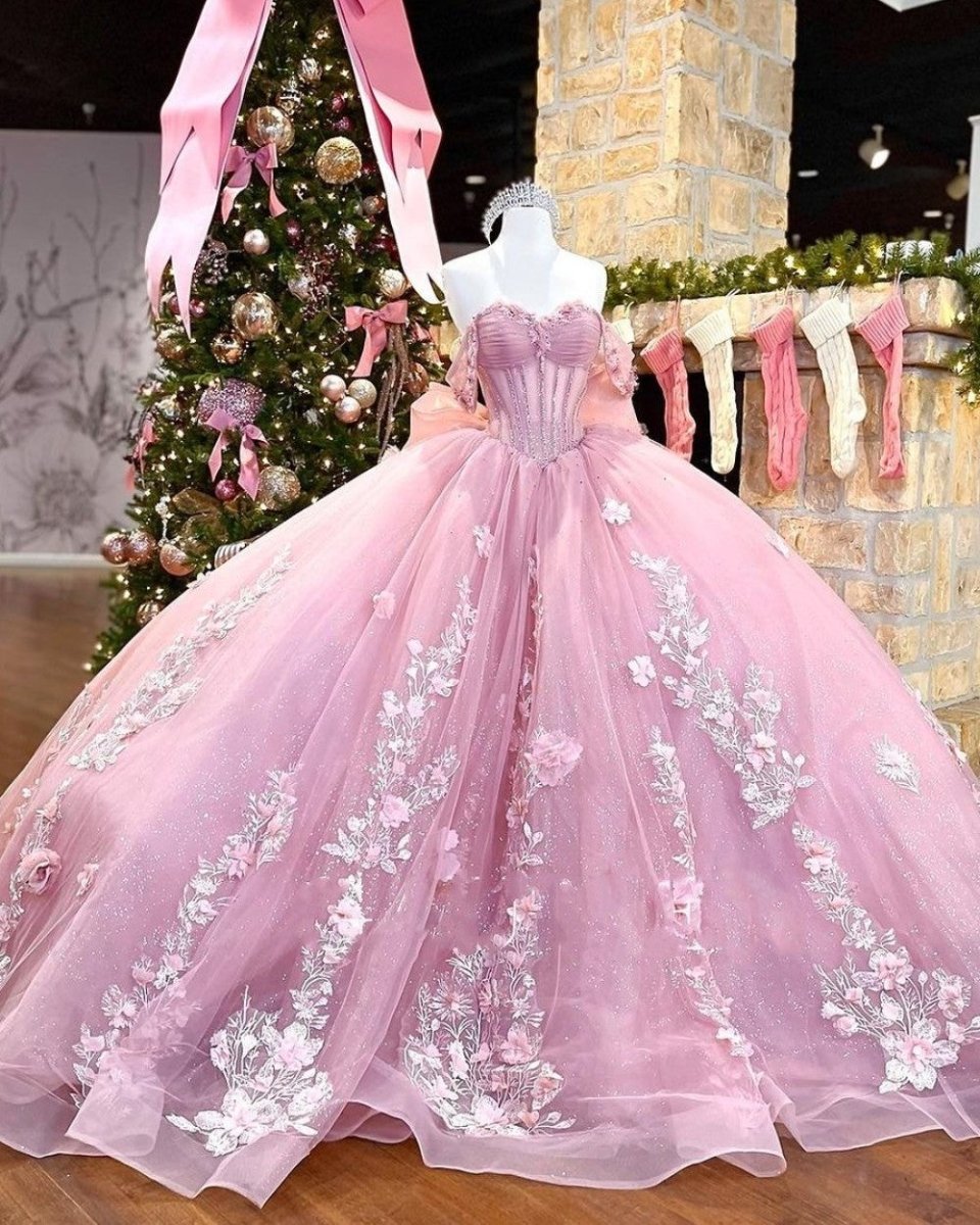 Off The Shoulder Lace Up Back Appliques Tulle Quinceanera Dress