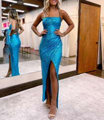 Sheath Spaghetti Straps Sequin Prom Dress With Front Split