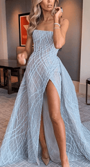 A-line Strapless Blue Long Prom Dresses Unique Evening Dress