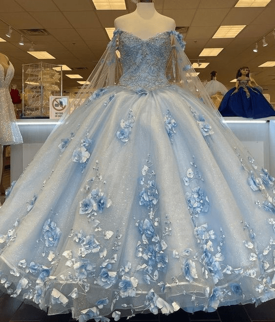 Sky Blue 3D Appliques Off The Shoulder Ball Gown Quinceanera Dresses