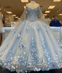 Sky Blue 3D Appliques Off The Shoulder Ball Gown Quinceanera Dresses