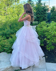 A-Line V-Neck Ruffled Tulle Prom Dress With Belt