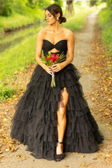 A Line Black Tiered Tulle Strapless Long Prom Dresses with Slit