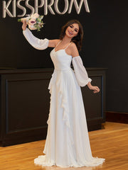 A-Line Chiffon Detachable Puffy Sleeves Wedding Dress