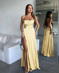 A Line Cowl Neck Blue Silk Satin Bridesmaid Dresses with Slit