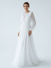 A-Line Illusion Neck Long Sleeves Sweep Train Organza Wedding Dresses